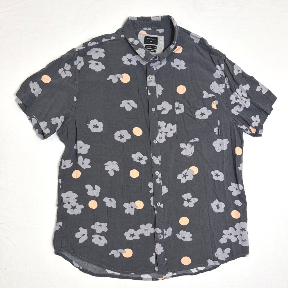 Quiksilver Mens XXL Modern Fit Viscose Floral Polka Dot Shirt Charcoal Grey‎